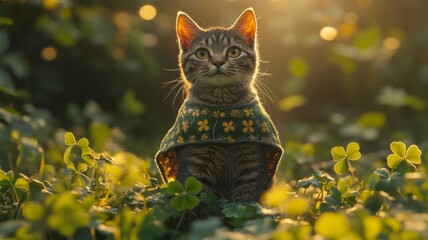 Adorable Kitten Wearing Clover Patterned Sweater In Sunlight