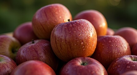 Pile of fresh red apples with water droplets - abundance and harvest - healthy eating promotion.