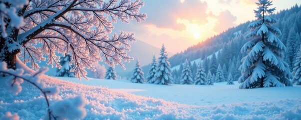 Intricate snowflake design frames a beautiful snowy landscape, frosty landscape, cold climate, snowy environment
