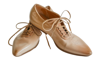 Pair of elegant beige oxford shoes with laces on transparent background