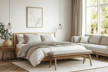 A modern bedroom furnished with wood and neutral tones