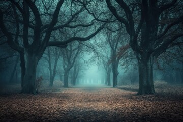 Fototapeta premium Misty Forest Pathway Surrounded by Tall Trees and Fallen Leaves