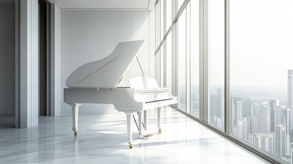 A white grand piano in a minimalist modern interior with floor-to-ceiling windows.