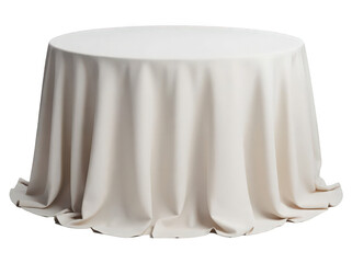 A round table draped in an elegant cream-colored cloth, showcasing soft folds and a smooth surface, perfect for elegant dining settings.