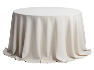 A round table draped in an elegant cream-colored cloth, showcasing soft folds and a smooth surface, perfect for elegant dining settings.