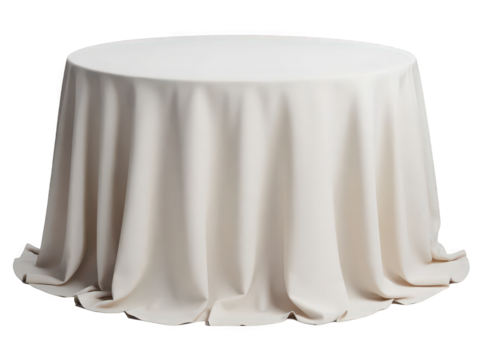 A round table draped in an elegant cream-colored cloth, showcasing soft folds and a smooth surface, perfect for elegant dining settings.