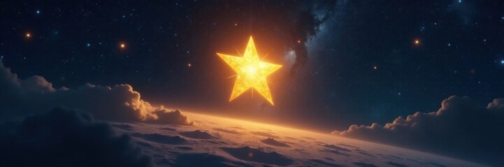 Obraz premium Golden star hanging low in the darkness of a vast space, astronomical, cosmic object, luminescent