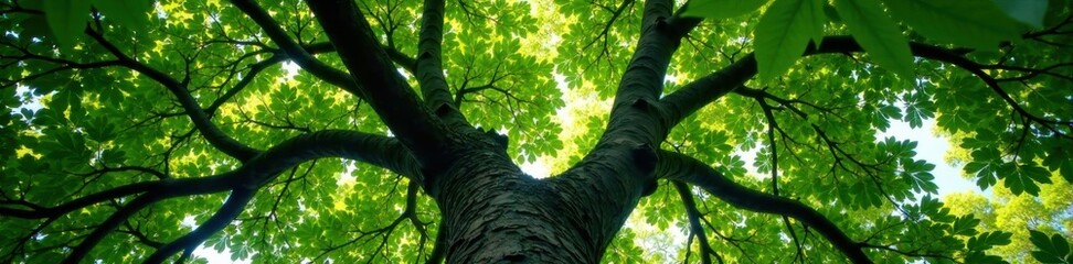 Fototapeta premium Large leafy branches above a massive hollow in the trees canopy, leaves, forest, natural hollow
