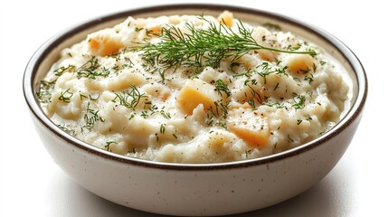 Creamy bowl of mashed potatoes with herbs and some vegetables