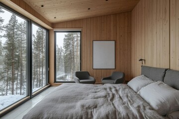 Bedroom interior design featuring a view of a snowy forest scene