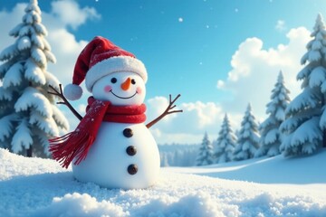 Obraz premium Happy snowman surrounded by snow-covered trees and a bright blue sky with fluffy white clouds, winter wonderland, winter scenery