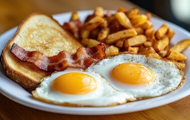 Delicious breakfast plate featuring crispy bacon, golden fried eggs, toasted bread, and crispy French fries served on a white plate in a cozy setting.
