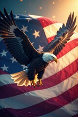 Majestic eagle soaring above the American flag, wings spread wide in freedom and power, liberty, american flag, symbol