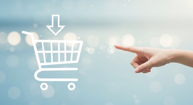 White shopping cart with downward arrow - online purchase concept - for e-commerce platform promotion