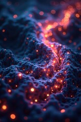 Mesh of tiny glowing orbs amidst dark swirling patterns, nebulae, dark swirls, glowing fibers