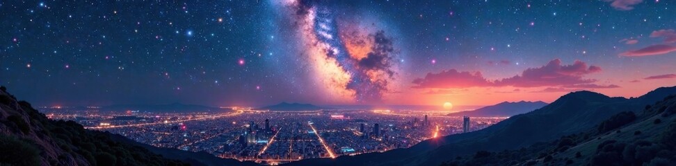 Fototapeta premium Milky Way and Shining Stars Over City, cityscape, atmosphere, stars