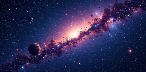 Milky Way galaxy with bright stars and planets shining in the dark of space, night sky, galaxy, space