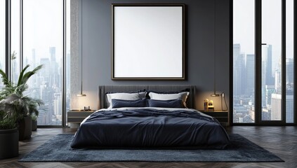 A modern bedroom interior design with city view and art