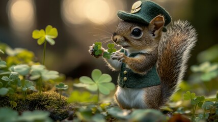 Obraz premium A cute squirrel in a green hat holds shamrocks