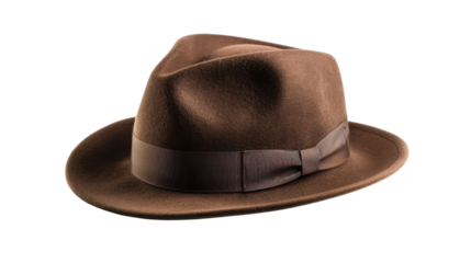 Brown fedora hat with ribbon on transparent background
