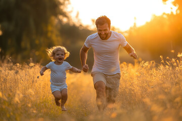 Fototapeta premium Father and daughter running joyfully through a sunlit field, with golden wheat swaying around them under a clear blue sky, sharing a loving moment.