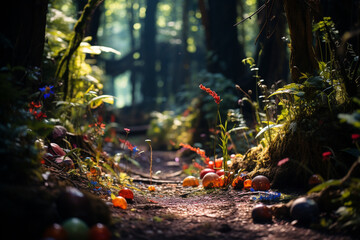 a piece of writing that depicts captivating and enigmatic atmosphere of a dense forest through interplay of light and shadow