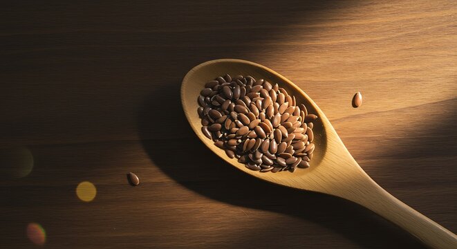 Wooden spoon of flax seeds - rustic healthfulness - nutritional blog background