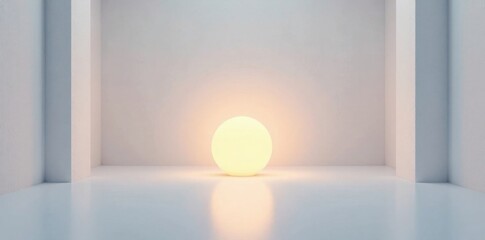 Minimalist room with a single glowing orb on an abstract white background, modern, light, ambient