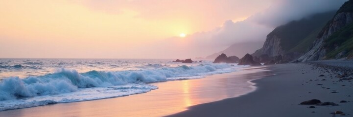 Fototapeta premium Misty morning fog on ocean shore, fog, ocean, vintage wave