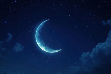 Fototapeta premium Serene Crescent Moon Illuminates Starry Night Sky Over Clouds
