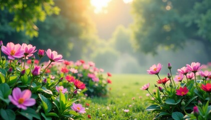 Obraz premium Misty morning in a garden with pastel flowers, flowers, delicate blooms, calm morning