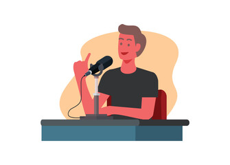A male figure interviewed on a podcast. Simple flat illustration.