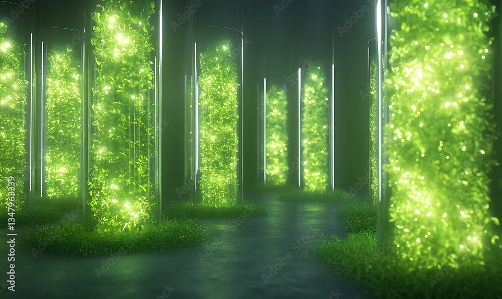 Aufkleber A futuristic indoor space filled with illuminated green plants in glass columns, creating a serene and vibrant atmosphere.