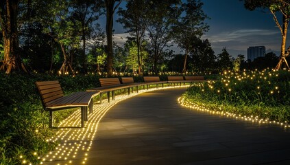 Obraz premium Night Illumination: Serene Park Pathway with Luminous Benches