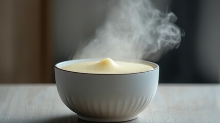Steaming hot creamy soup served in a white ceramic bowl