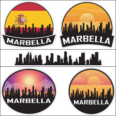 Obraz premium Marbella Spain Flag Skyline Cityscape Silhouette Travel Souvenir Sticker Isolated Vector