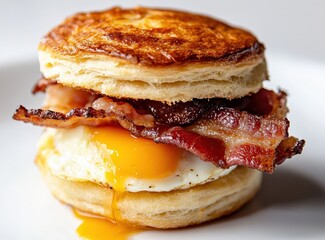 Delicious breakfast sandwich with crispy bacon, fried egg, and flaky biscuit on a white plate, perfect for morning cravings and hearty meals