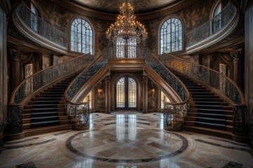 Obraz premium Elegant Grand Foyer with Dual Staircases and Stunning Chandelier