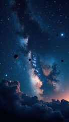 Naklejka premium Milky Way galaxy with stars and planets in a dark blue sky, astronomy, galaxy, universe