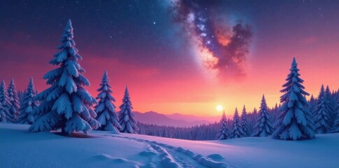 Naklejka premium Milky Way over snow-clad tree silhouettes in hues of orange and pink, milky way, snowy