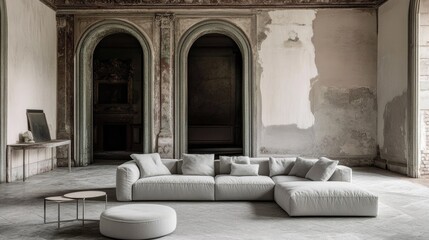 Fototapeta premium A minimal and elegant home setting with a modern light grey sofa, adding softness to the space