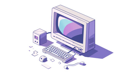 Retro desktop computer with keyboard, mouse, and floppy disks on transparent background