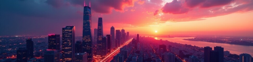 Fototapeta premium Minimalist cityscape with sleek skyscrapers and neon lights at sunset, architecture, technology