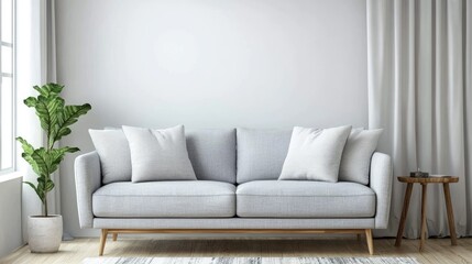 Fototapeta premium A modern and stylish home decor featuring a simple grey -seater sofa with a soft, inviting feel