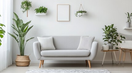 A modern and stylish home decor featuring a simple grey -seater sofa with a soft, inviting feel