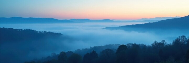 Obraz premium Misty morning fog rolling over a vast expanse of deep indigo blue landscape, nature, fog, atmosphere
