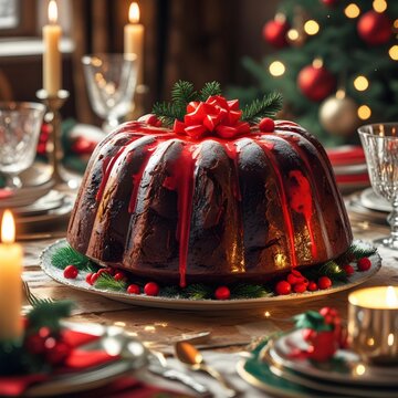 christmas table setting with pudding