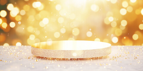 Sparkling circle podium background with shiny golden glitter, luxury for product placement 