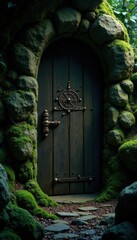 Fototapeta premium Moss-covered ancient wooden door in a dark cave with mysterious symbols, ancient, wooden door