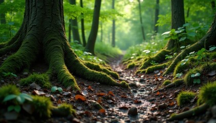 Obraz premium Muddy forest floor with tangled roots and moss, overgrown vegetation, nature, texture